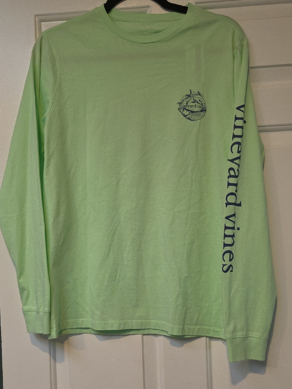 Vineyard Vines Long-Sleeve Logo Tee in Lime Green with Navy Print